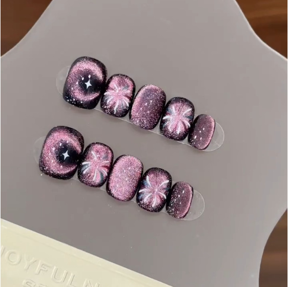 Nail Art Eye Cat - 10Pcs Kuku Palsu Pendek Bulat Ungu